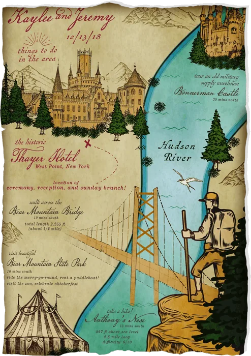 Hand-illustrated Hudson Valley wedding map showing the Thayer Hotel, Hudson River, and Bear Mountain Bridge, by Elegant Invites