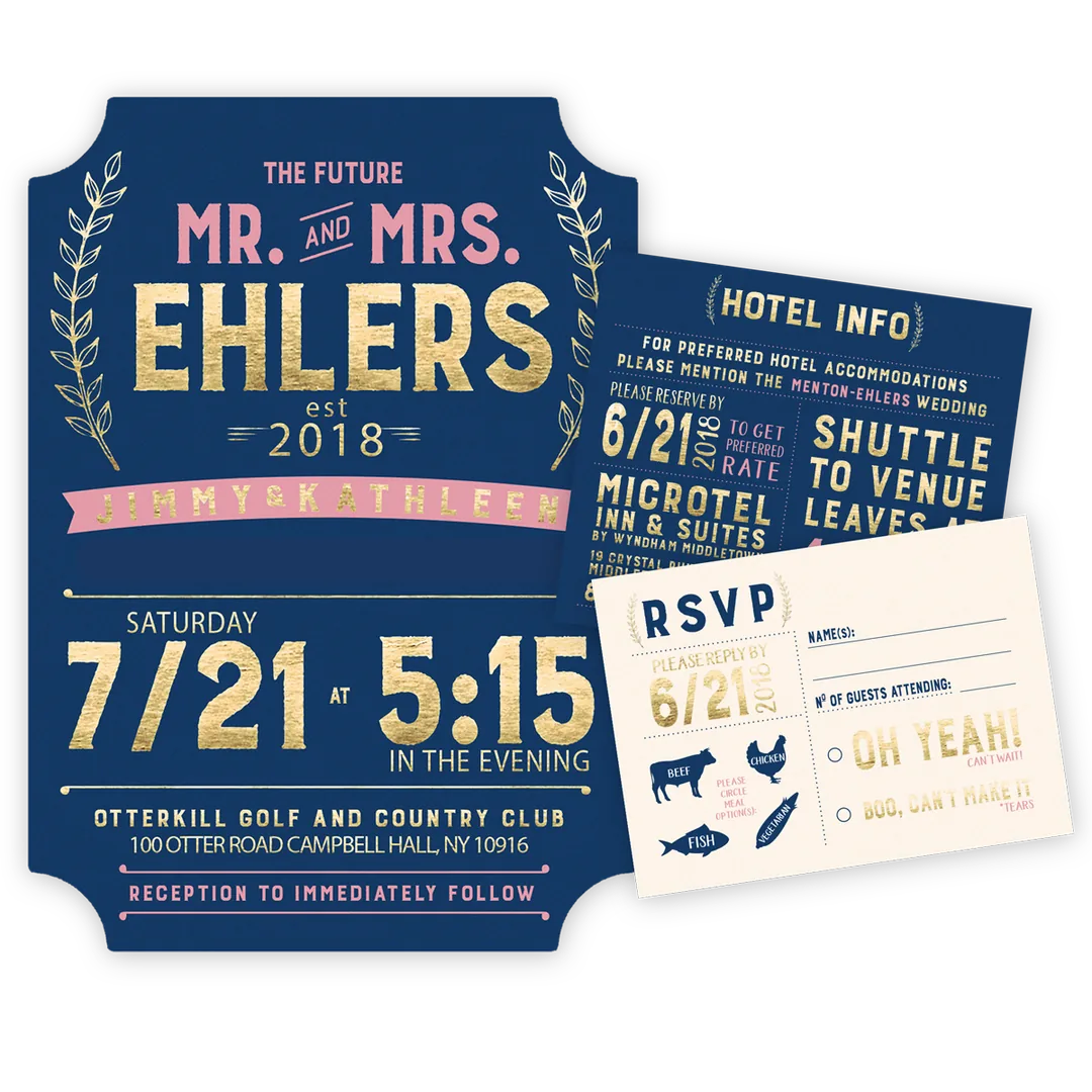 Custom navy and gold foil wedding invitation suite with matching RSVP and details cards by Elegant Invites