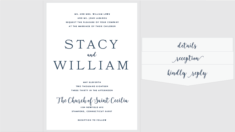 An open invitation pocket holding a wedding invitation, with details, reception and reply cards tucked into the side pocket
