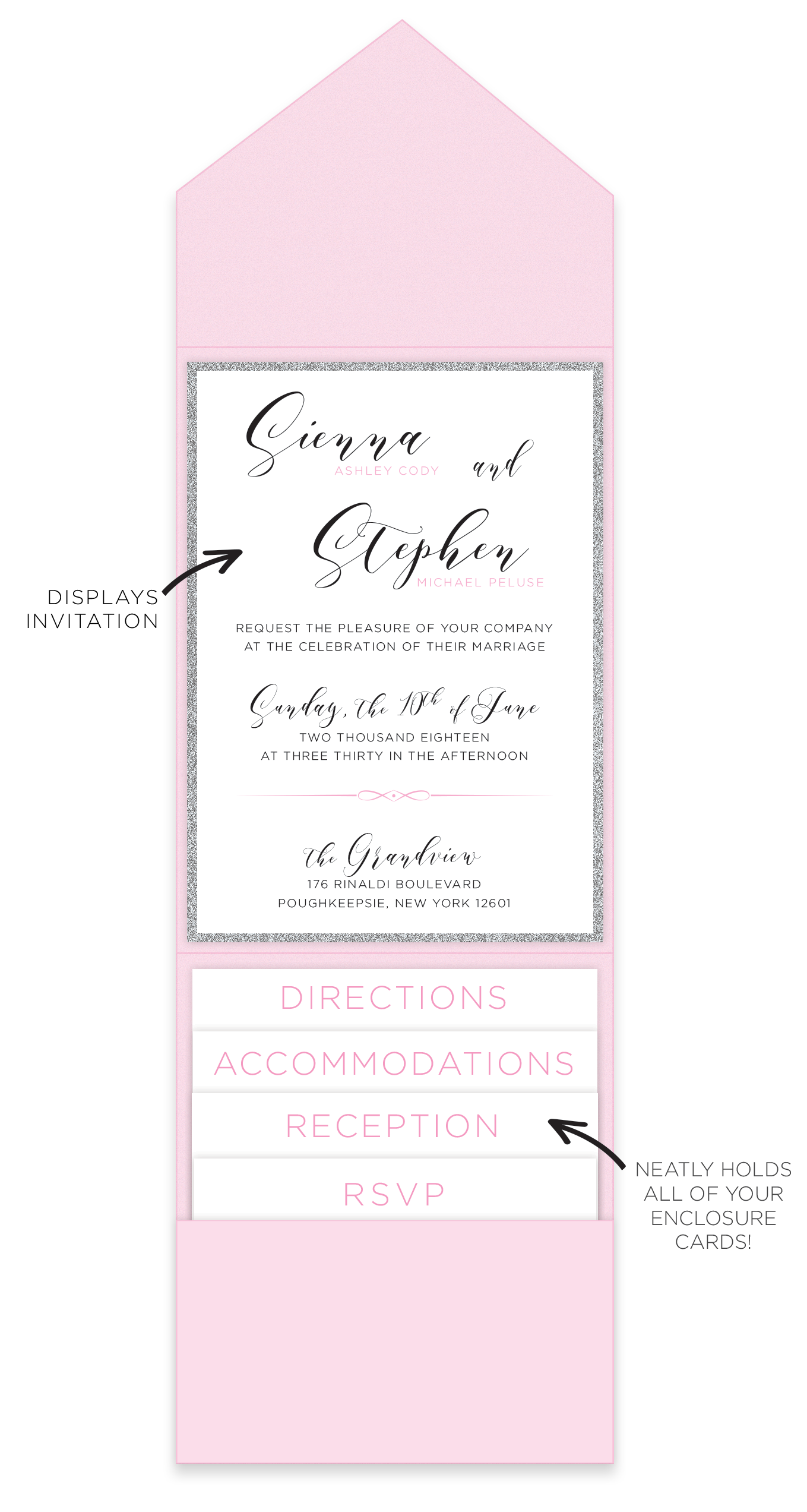 Pink wedding invitation suite in a matching pocket