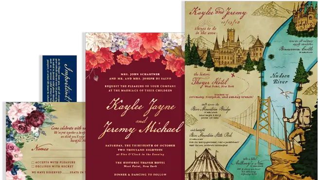 Custom Hudson Valley wedding invitation suite with a hand-illustrated adventure map for a Thayer Hotel wedding